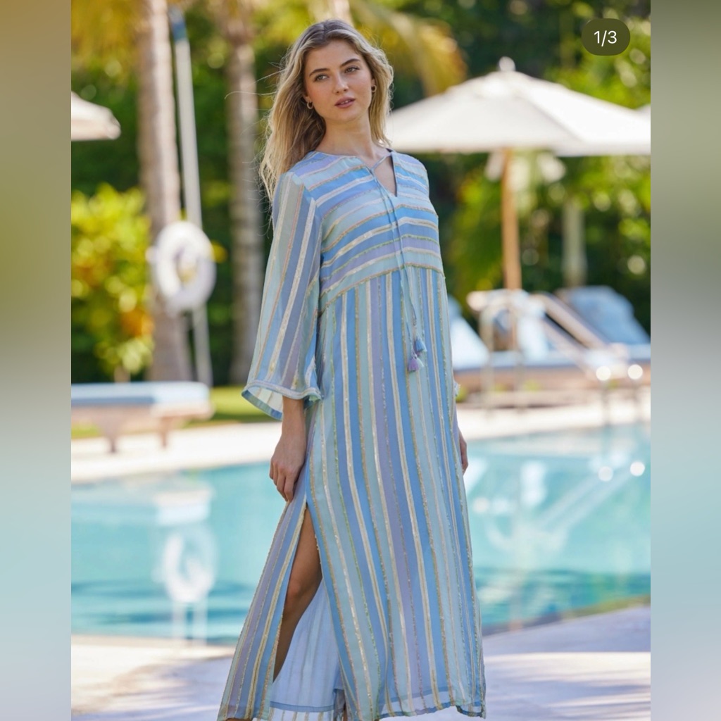 Elegant Striped Blue And Cream Swim Cover-Up